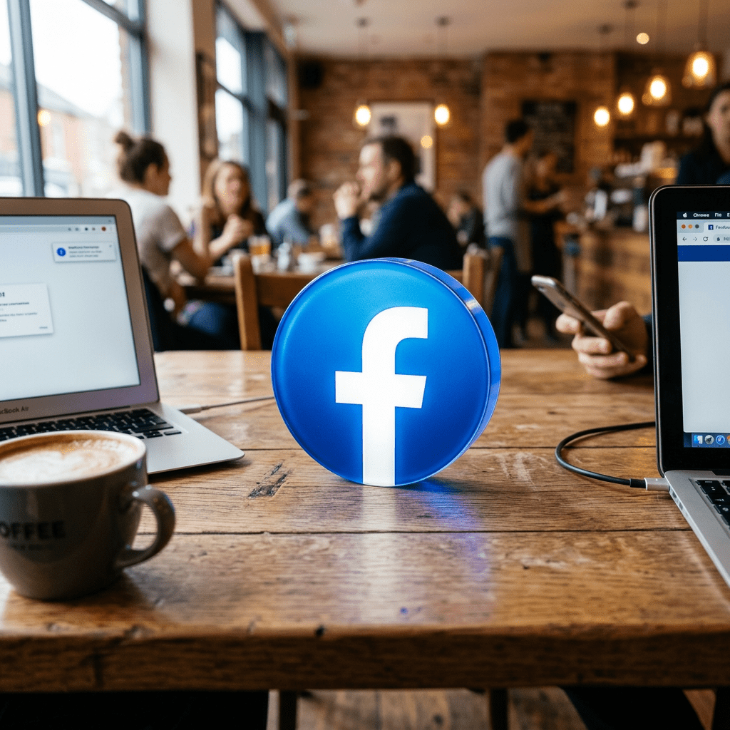 Facebook logo sign on wooden table between two laptops and a coffee cup in a café