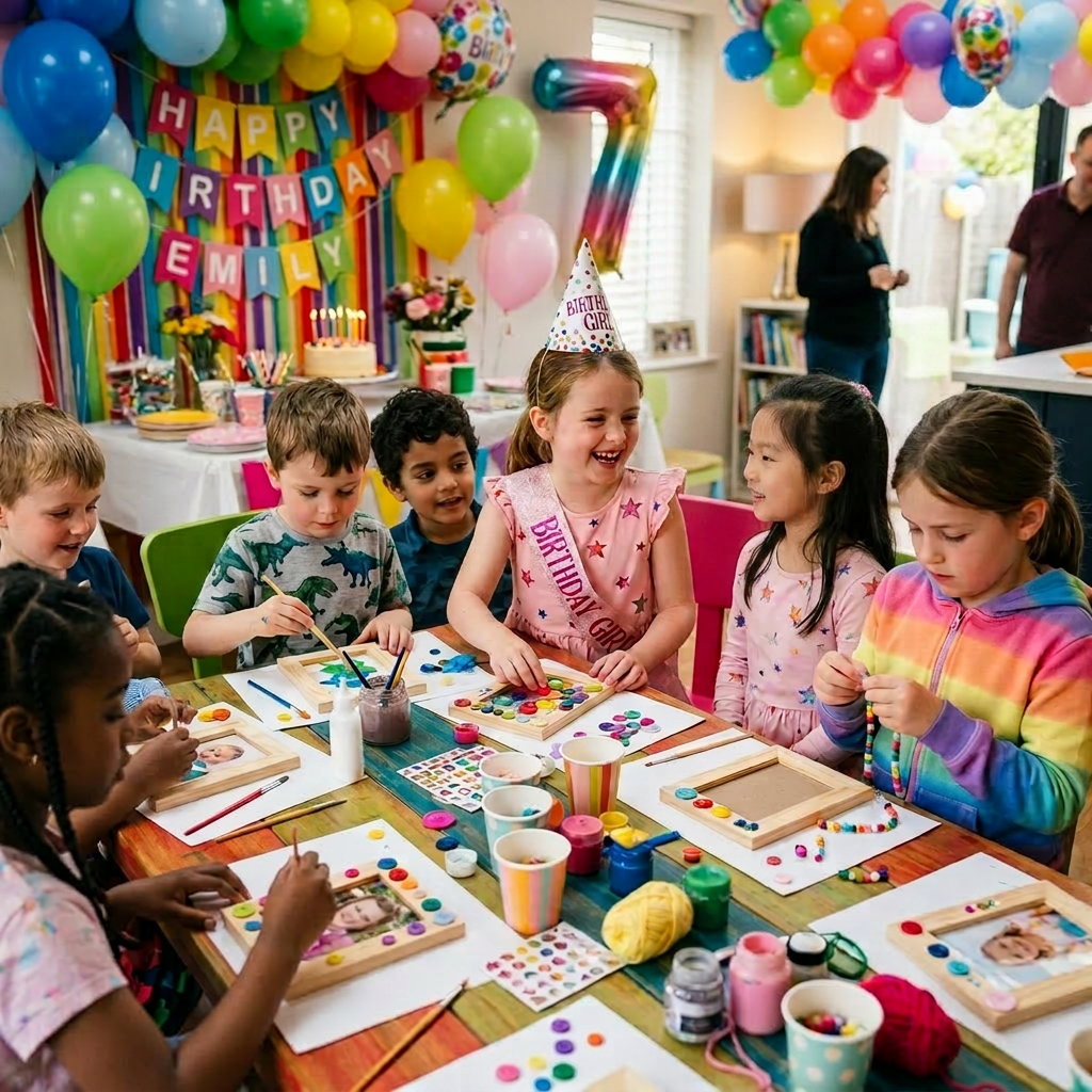 Children crafting and decorating photo frames at a birthday party with balloons and decorations